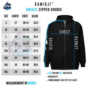 May include: Size chart for a unisex black zippered hoodie with a white graphic on the sleeve. The chart shows measurements in inches for size, length, chest, and sleeve.