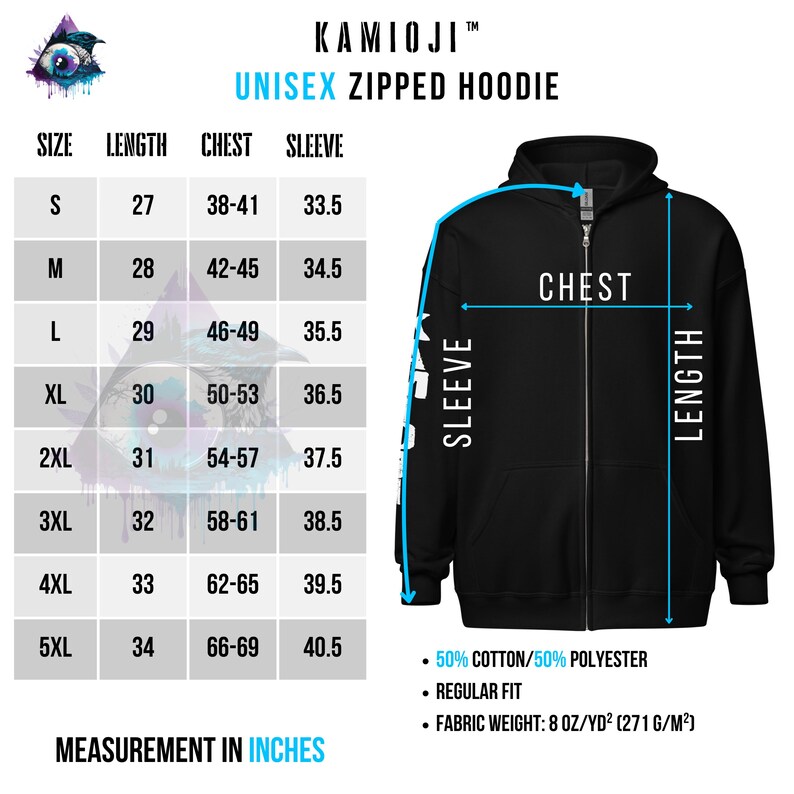 May include: Size chart for a unisex black zippered hoodie with a white graphic on the sleeve. The chart shows measurements in inches for size, length, chest, and sleeve.