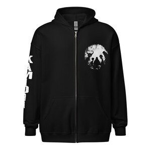 Weirdcore zip-up hoodie with Bigfoot and Mothman design. A black-and-white gothic sweater by KAMIOJI, ideal for dark art oddities, weird creepy scary styles, and alt clothing. Great gift for him or her.