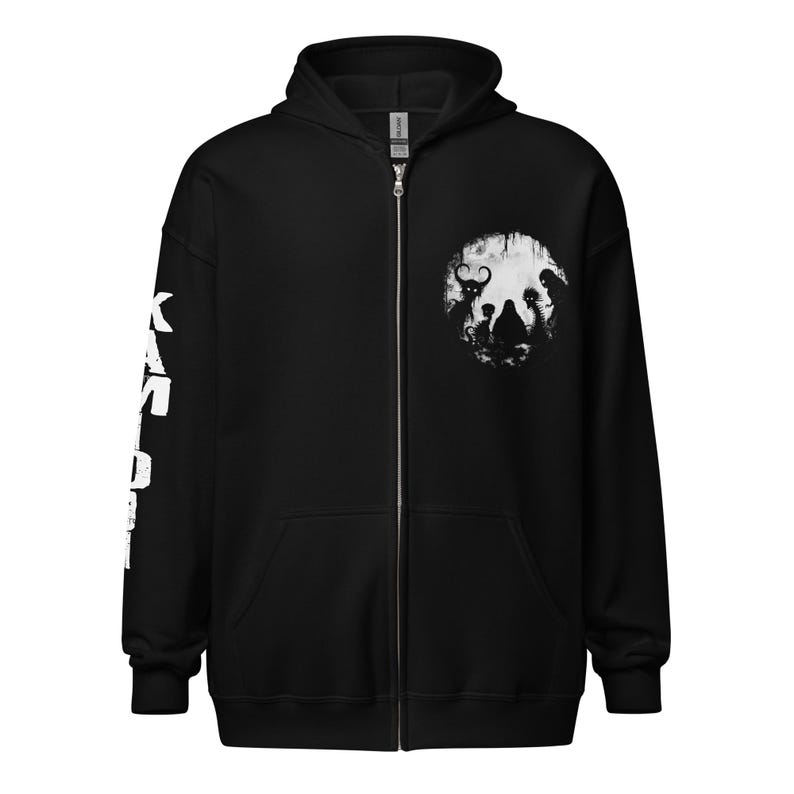 Weirdcore zip-up hoodie with Bigfoot and Mothman design. A black-and-white gothic sweater by KAMIOJI, ideal for dark art oddities, weird creepy scary styles, and alt clothing. Great gift for him or her.