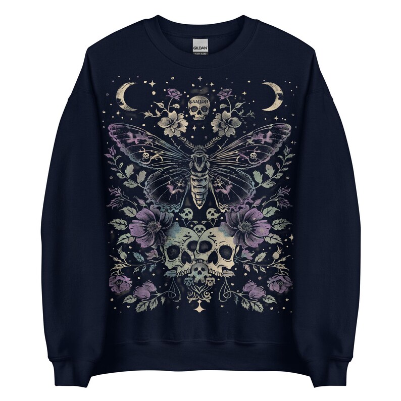 Luna moth sweatshirt with celestial butterfly and floral skull details. A KAMIOJI gothic clothes pullover, ideal for dark cottagecore, pastel goth, and goblincore fashion.
