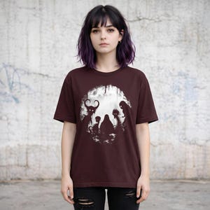 Cryptid friends tshirt, retro horror fantasy tee. Oxblood black color variation.