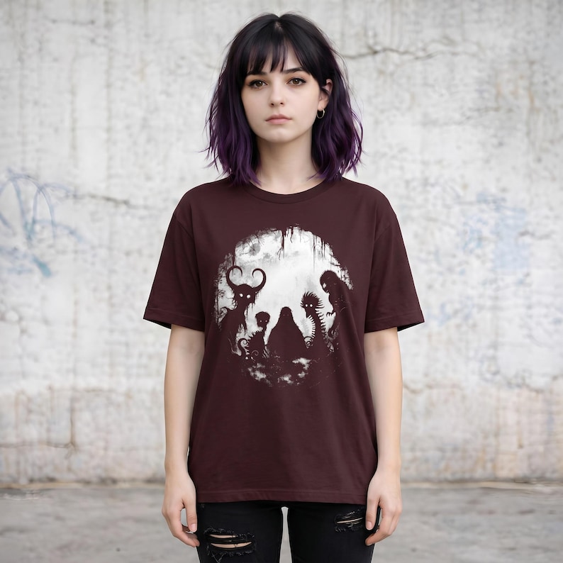 Cryptid friends tshirt, retro horror fantasy tee. Oxblood black color variation.