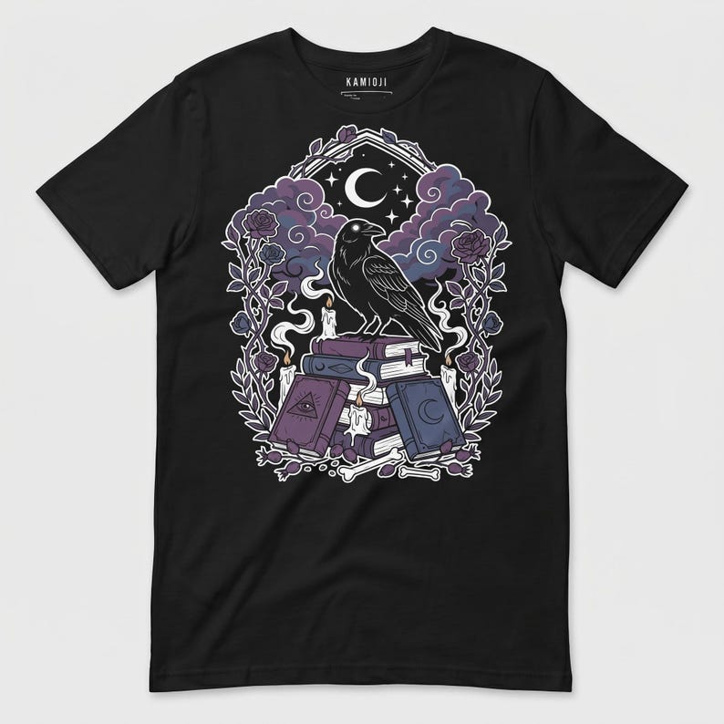 Raven sitting on spell books surrounded by candles and crescent moon.