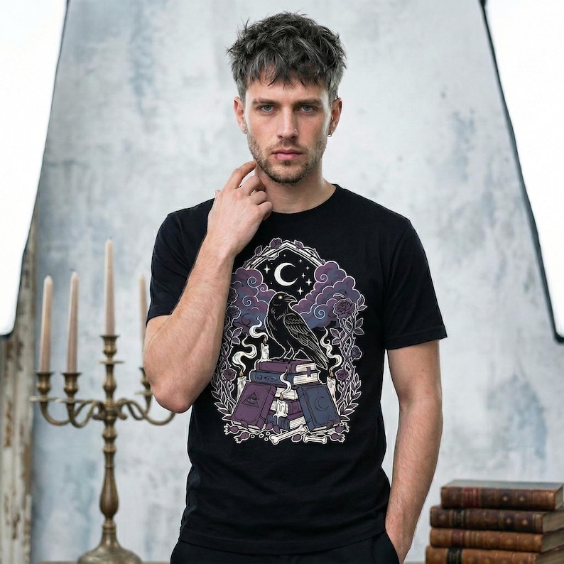 Gothic raven artwork with stacked books and celestial moon symbol.