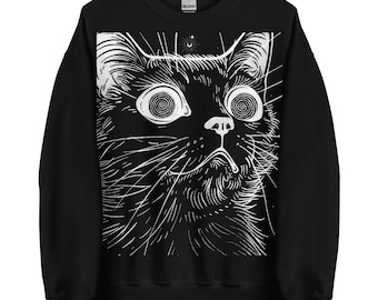 Trippy Black Cat Sweatshirt: Witchy Cat Sweater, Y2K Streetwear, KAMIOJI