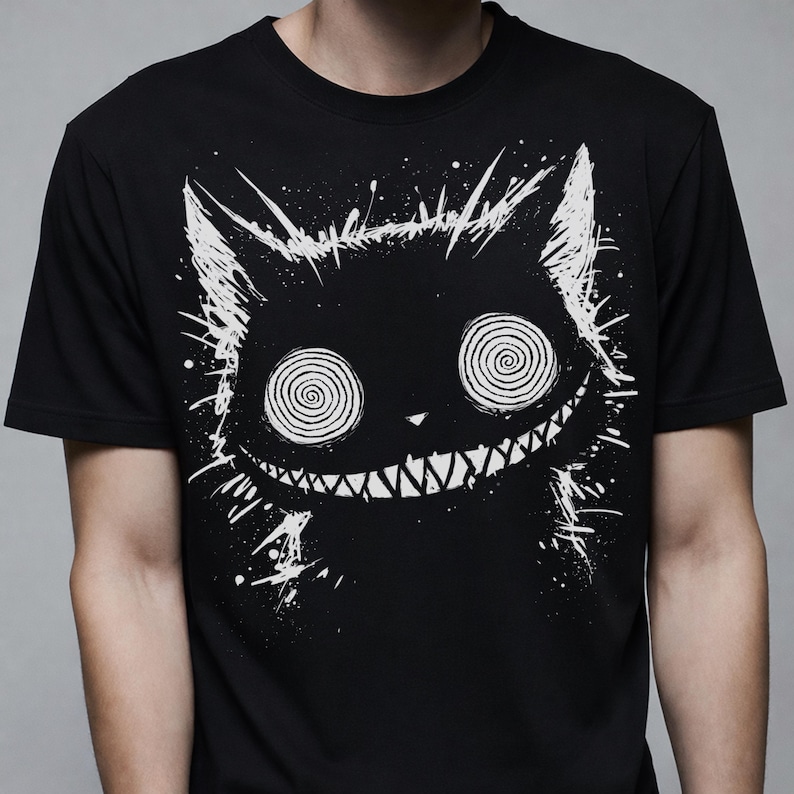 Creepy Cheshire Cat shirt - trippy spiral eyes. High contrast white ink, black tshirt.