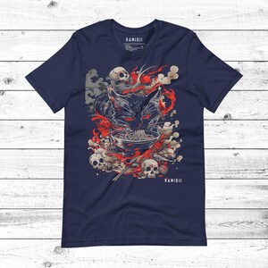 KAMIOJI graphic tee featuring a black cat enjoying ramen in a Junji Ito-inspired horror style. A unique blend of dark art and Japanese influences, perfect for Y2K streetwear, alt clothing, and weirdcore aesthetics.