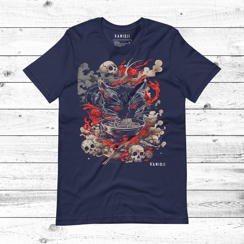 KAMIOJI graphic tee featuring a black cat enjoying ramen in a Junji Ito-inspired horror style. A unique blend of dark art and Japanese influences, perfect for Y2K streetwear, alt clothing, and weirdcore aesthetics.