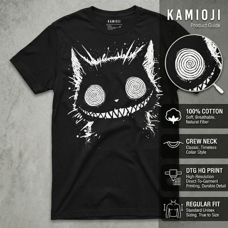 May include: Black crew neck t-shirt featuring a white graphic of a cat with spiral eyes and a wide grin. The shirt is made of 100% cotton and has a regular fit. The brand name "KAMIOJI" is printed at the top.