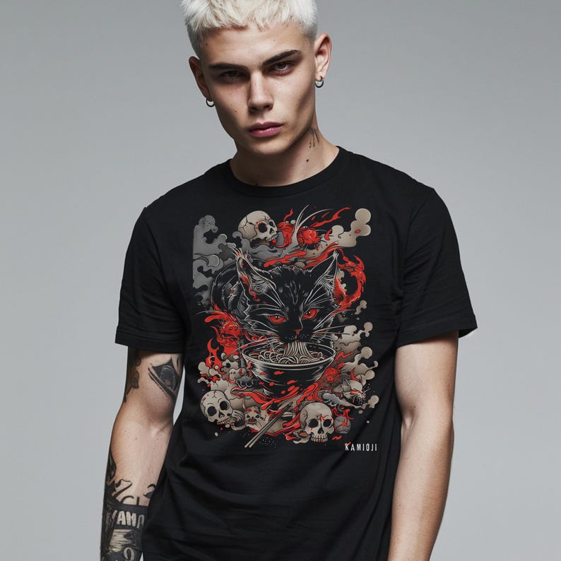 Graphic tee featuring a black cat and ramen design with dark art influences, inspired by Junji Ito’s work. A perfect horror shirt for Japanese art lovers and Y2K streetwear fans. KAMIOJI's alt clothing for a unique weirdcore vibe.
