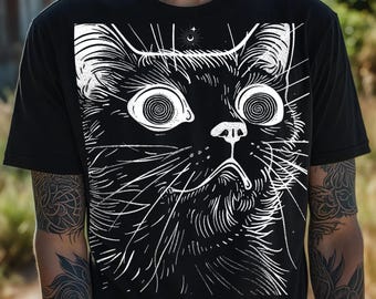 Trippy Black Cat TShirt: Witchy LoFi Horror Shirt, KAMIOJI