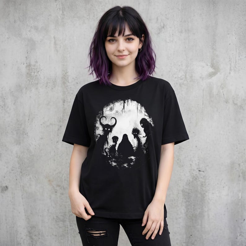 Creepy cryptid friends tshirt, featuring mothman and bigfoot