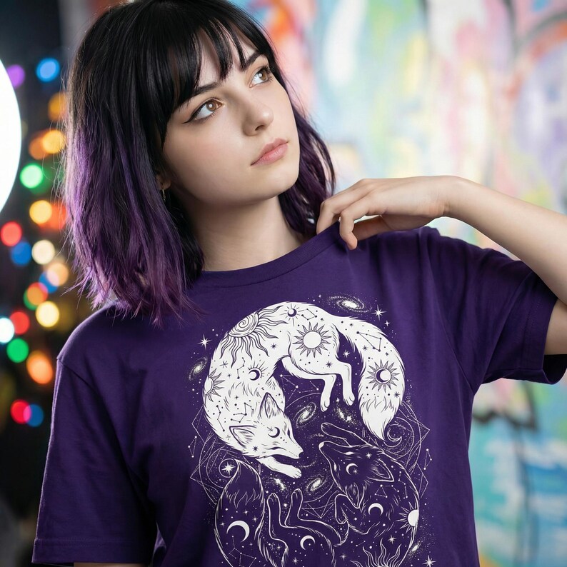Close up of celestial yin yang fox design, purple tee.