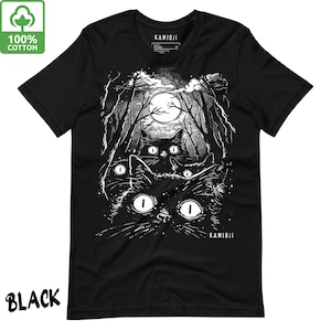 黒猫シャツ、魔女猫の森Tシャツ、不気味でキュートなTシャツ、ユニセックスゴシック服、猫好きのためのオルタナティブファッション、KAMIOJI