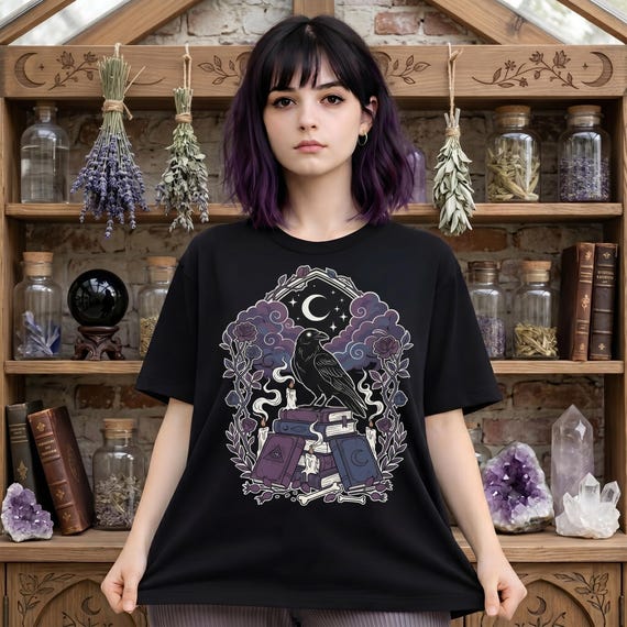 Gothic Crow Shirt, Pastel Goth Raven Tshirt, Dark Cottagecore T Shirt, Celestial Bookish Tee