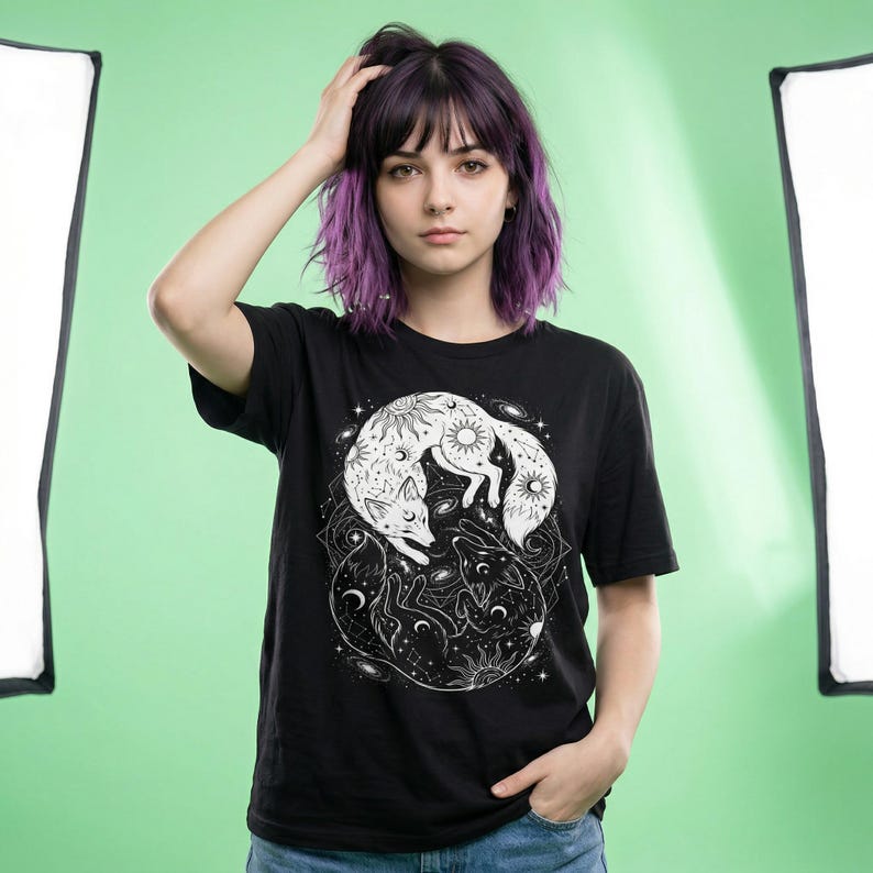Witchy Yin Yang T-Shirt, featuring celestial foxes.