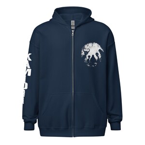 Aesthetic Bigfoot zip-up hoodie blending Mothman Sasquatch and dark art. A KAMIOJI gothic hoodie with weirdcore and creepy scary elements. Great alt clothing or gift for him or her.