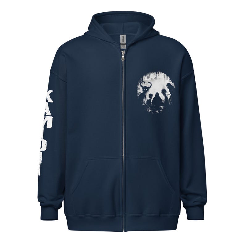 Aesthetic Bigfoot zip-up hoodie blending Mothman Sasquatch and dark art. A KAMIOJI gothic hoodie with weirdcore and creepy scary elements. Great alt clothing or gift for him or her.