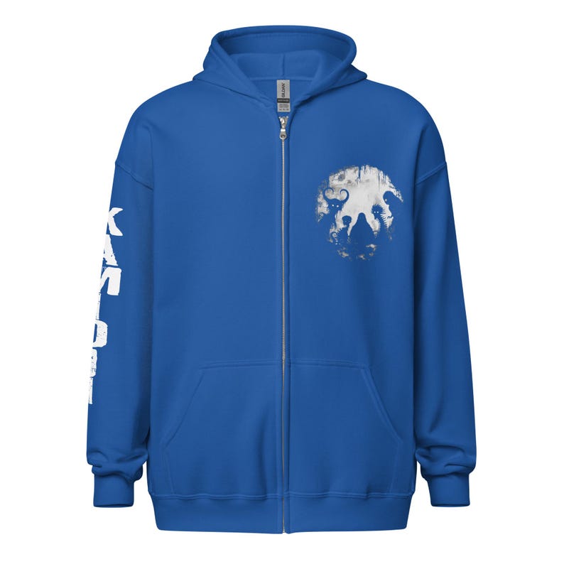 Black-and-white zip-up hoodie featuring Bigfoot, Mothman, and lofi horror design. A weirdcore hoodie by KAMIOJI blending dark art oddities and alt clothing. Perfect for gothic gifts for him or her.