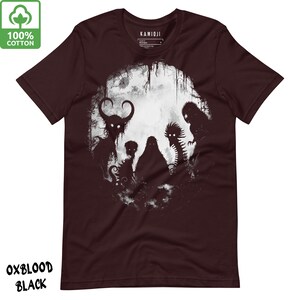 Weirdcore Bigfoot T-shirt featuring Sasquatch and Mothman design. A creepy scary graphic tee by KAMIOJI, blending dark art oddity and lofi horror aesthetics. Ideal for gothic clothes and alt clothing fans.