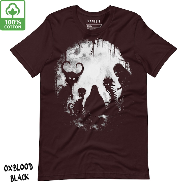 Weirdcore Bigfoot T-shirt featuring Sasquatch and Mothman design. A creepy scary graphic tee by KAMIOJI, blending dark art oddity and lofi horror aesthetics. Ideal for gothic clothes and alt clothing fans.