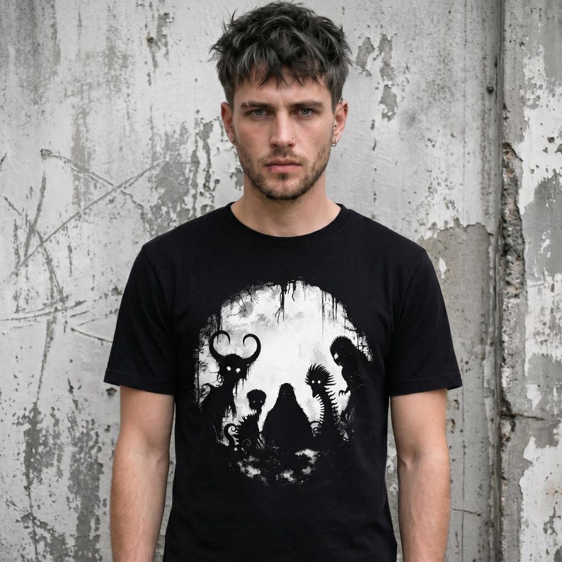 Mothman and Bigfoot shirt with dark art oddity and lofi horror design. A KAMIOJI weirdcore T-shirt blending gothic clothes and alt clothing vibes. Ideal for creepy scary or weird stuff gifts.