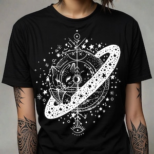 Cosmic Black Cat T Shirt, Alt Clothing, Witchy Shirt, Goth Shirts, Grunge Clothing, Space Cat Shirt, Cosmic Witch, Unisex