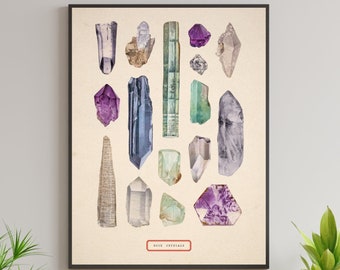 Vintage Rock Crystals Illustration, Antique Crystals Art, Vintage Rock Crystal Print, Minerals and Crystals Poster, Geology, Crystals Poster