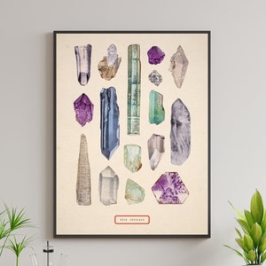 Vintage Rock Crystals Illustration, Antique Crystals Art, Vintage Rock Crystal Print, Minerals and Crystals Poster, Geology, Crystals Poster