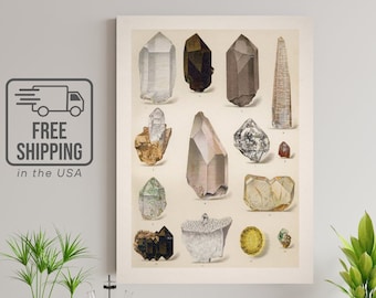 Vintage Neutral Crystals Poster, Antique Crystals Illustration, Gemstones Print, Minerals Wall Art, Crystal Chart, Satin or Matte Poster