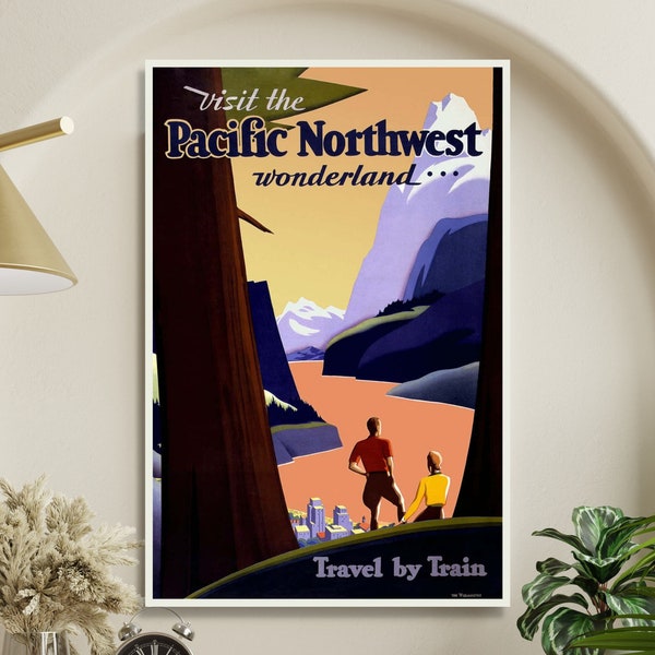 Visit The Pacific Northwest Wonderland 1925 Vintage Travel Poster, PNW, Travel by Train Tourism Art, The Willmarths, Digital Download Print