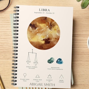 Personalized Libra Zodiac Notebook Watercolor Astrology Journal with Constellation, Symbol & Birthstone - Custom Name Gift for Libra