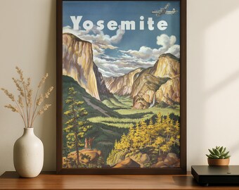 Vintage Yosemite Travel Poster, 1940s United Airlines Art, National Park Wall Decor