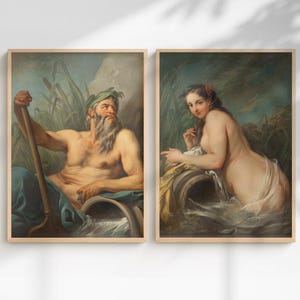 May include: Two framed classical paintings. The left painting depicts a bearded man with a staff, wearing a laurel wreath. The right painting shows a nude woman in water. Both paintings have a light wood frame.