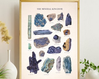 Vintage Mineral Kingdom Illustration, Antique Crystals Art, Vintage Gemstones Print, Minerals and Crystals Poster, Geology, Minerals Poster