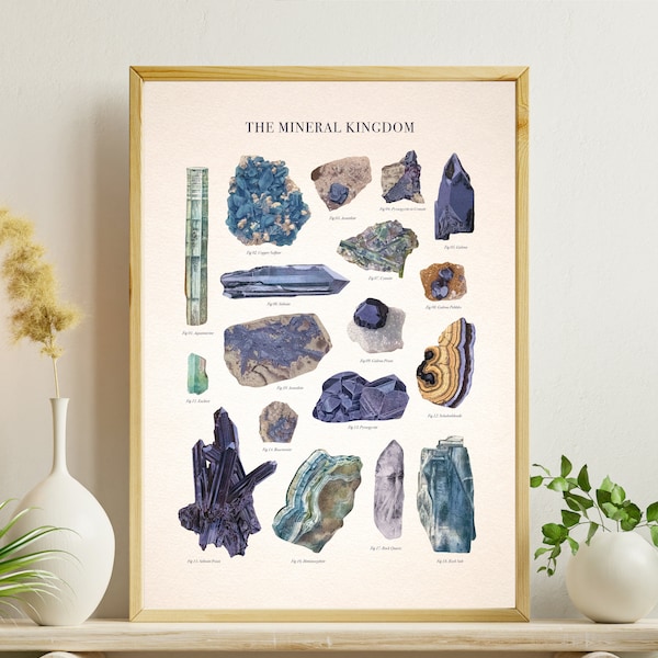 Vintage Mineral Kingdom Illustration, Antique Crystals Art, Vintage Gemstones Print, Minerals and Crystals Poster, Geology, Minerals Poster