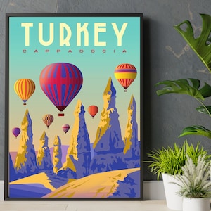Cappadocia Turkey Travel Poster - Vintage Hot Air Balloons Art Print, Matte Wall Decor, Colorful Cappadocia Wall Art, Turkey Souvenir