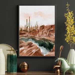Póster de acuarela con paisaje desértico bohemio: impresión de cañón y mesa, pintura de cactus saguaro, arte mural de Red Rock, Arizona, desierto del suroeste