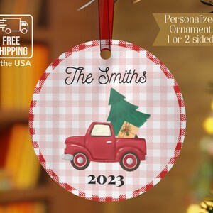 Farmhouse Family Name Christmas Ornament - Red Truck & Tree, Custom Last Name Holiday Decor, Red Gingham, Metal Ornament, 1 or 2-Sided Gift