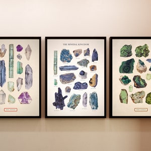 Vintage bergkristallen, groene edelstenen en minerale illustratieposters koninkrijk, antieke mineralen, edelstenen, kristallen kunstafdrukken, satijnen of matte posters