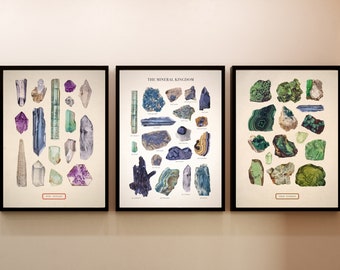 Affiches vintage de cristaux de roche, gemmes vertes et illustration du royaume des minéraux, impressions d'art de minéraux antiques, gemmes, cristaux, posters satinés ou mats