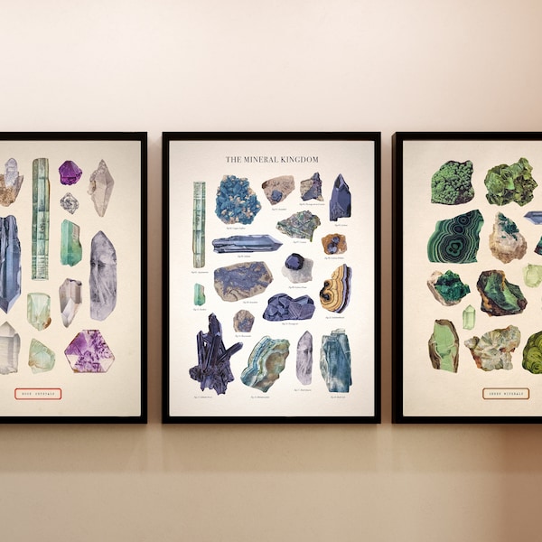 Vintage Rock Crystals, Green Gems & Mineral Kingdom Illustration Posters, Antique Mineral, Gem, Crystal Art Prints, Satin or Matte Posters