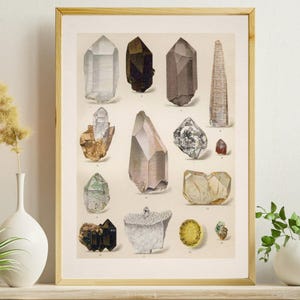 Tabla de cristales vintage, póster de piedras preciosas y minerales neutros antiguos (descarga digital)