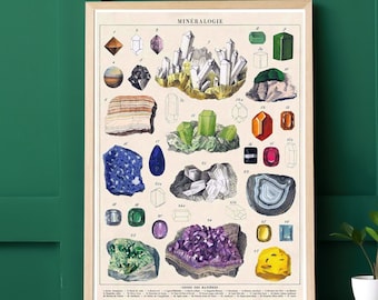 Vintage Crystals & Gems Illustration, Mineralogie Wall Art, Antique Gemstones Print, Colorful Minerals Poster, Geology Art Digital Download