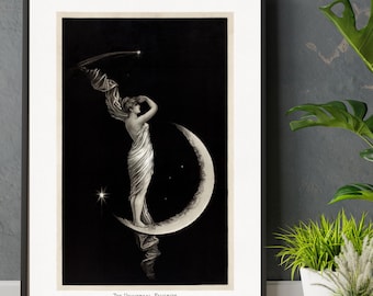 El favorito universal, lámina Art Nouveau de la luna, litografía vintage de una mujer bruja de 1889.