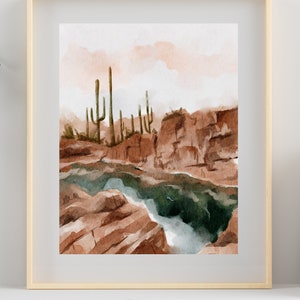 Boho Desert Landscape Watercolor Painting, Canyon & Cactus Watercolor, Printable Download, Desert Landscape Painting, Arizona Desert Artwork