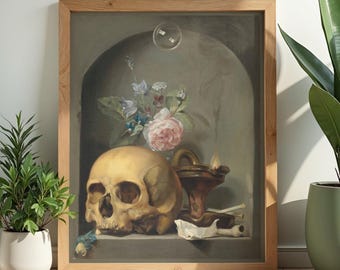 Impressão de natureza morta Vanitas de Hendrick Andriessen, com caveira e flores, arte Dark Academia.