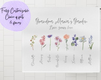 Oma's tuin theedoek met namen, familienaam aquarel bloemen gepersonaliseerde keukenhanddoek, uniek Moederdagcadeau voor oma, moeder