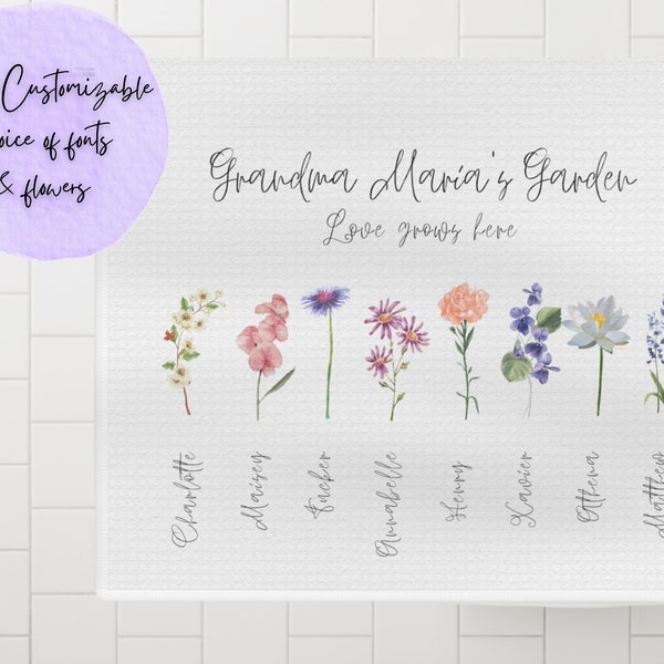 Toalla de té del jardín de la abuela con nombres, nombre de familia flores de acuarela toalla de cocina personalizada, regalo único del día de la madre para la abuela, mamá